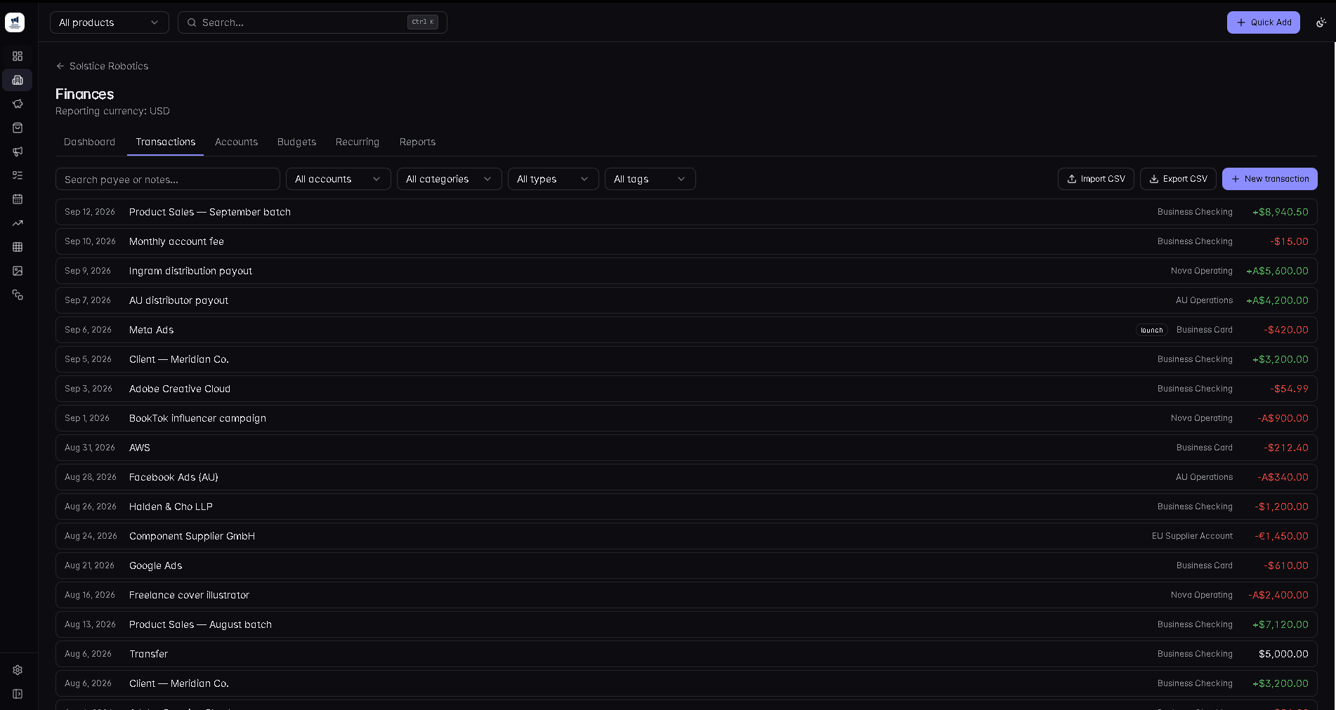 Kaiyo Management's Transactions list with CSV import and export buttons